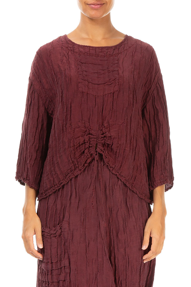 Ruched Front Crinkled Burgundy Silk Blouse