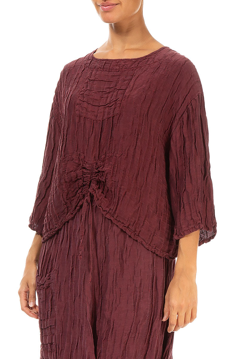 Ruched Front Crinkled Burgundy Silk Blouse