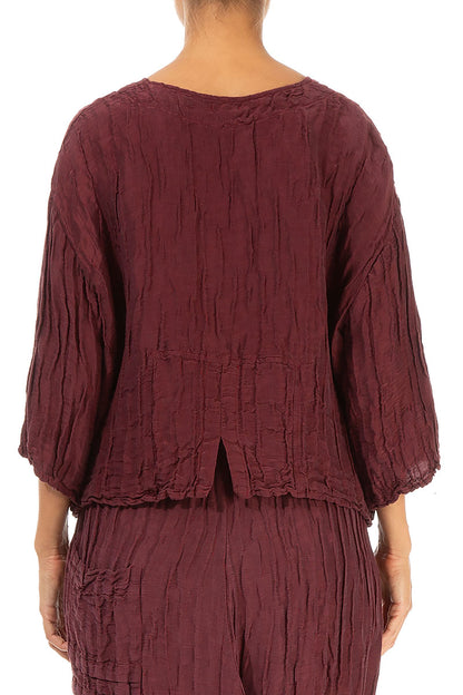 Ruched Front Crinkled Burgundy Silk Blouse