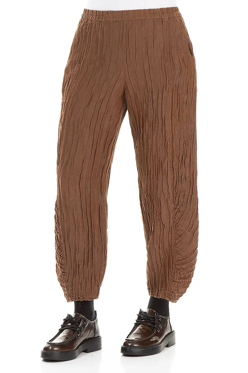 Ruched Hem Aged Copper Crinkled Silk Linen Trousers 3