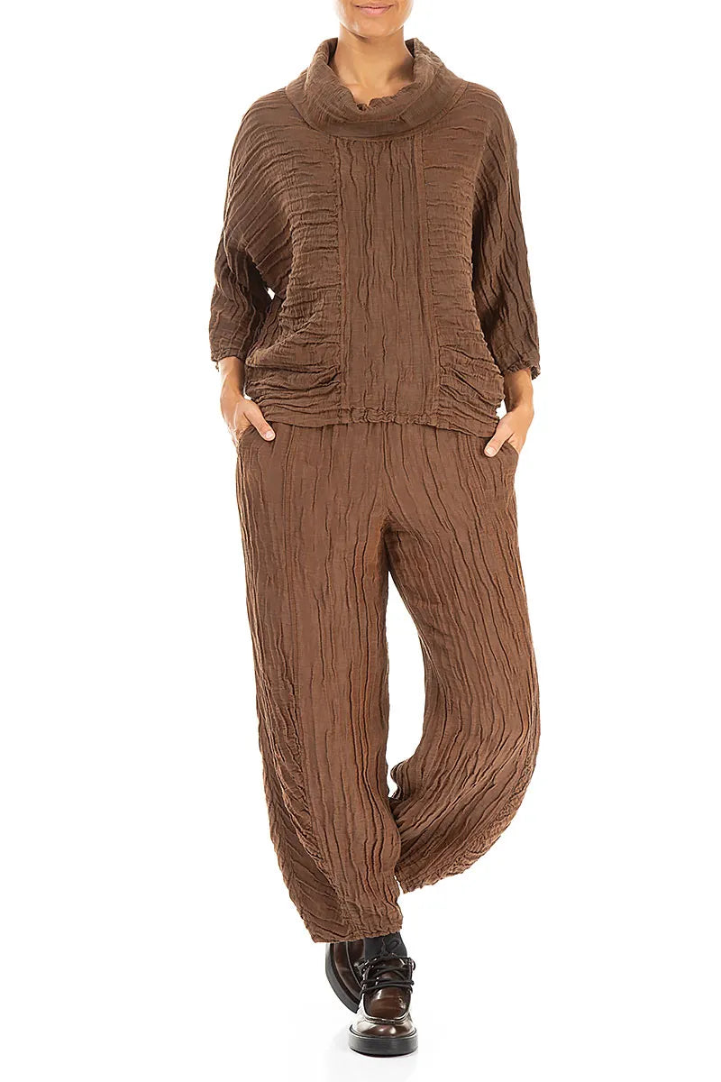Ruched Hem Aged Copper Crinkled Silk Linen Trousers 4