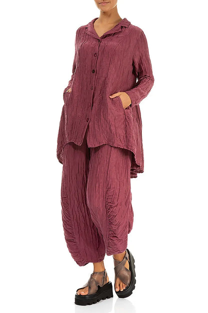Ruched Hem Antique Ruby Crinkled Silk Linen Trousers
