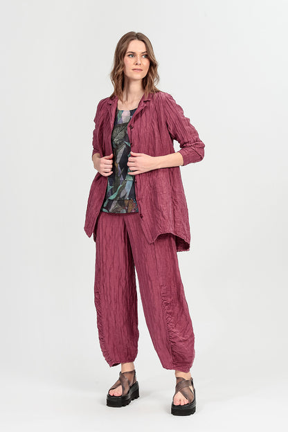 Ruched Hem Antique Ruby Crinkled Silk Linen Trousers