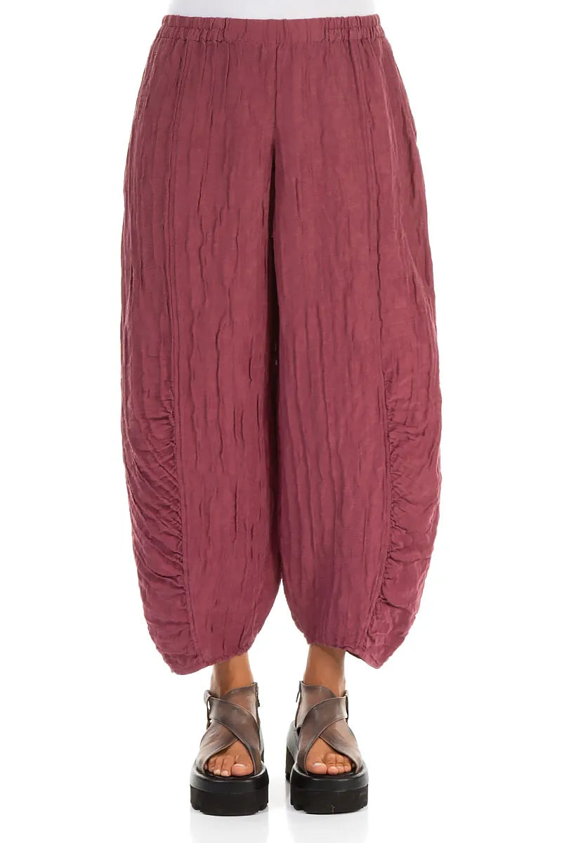 Ruched Hem Antique Ruby Crinkled Silk Linen Trousers