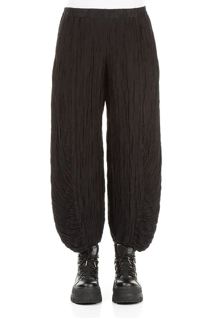 Ruched Hem Black Circle Silk Linen Trousers 1