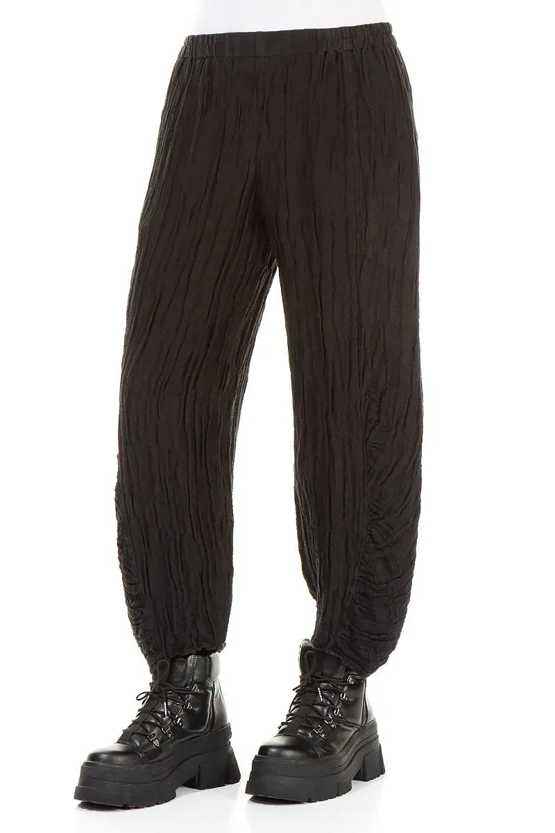 Ruched Hem Black Circle Silk Linen Trousers 3