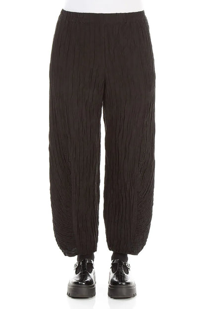 Ruched Hem Black Crinkled Silk Linen Trousers