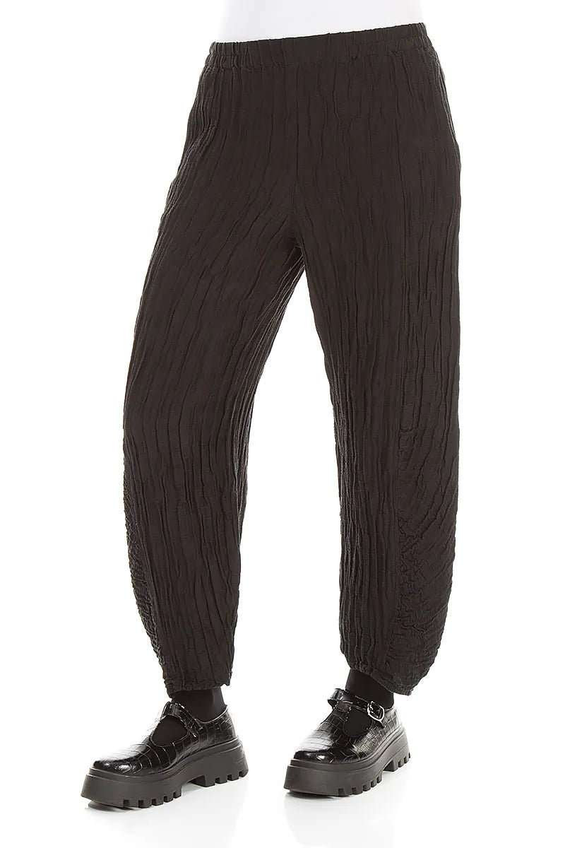 Ruched Hem Black Crinkled Silk Linen Trousers