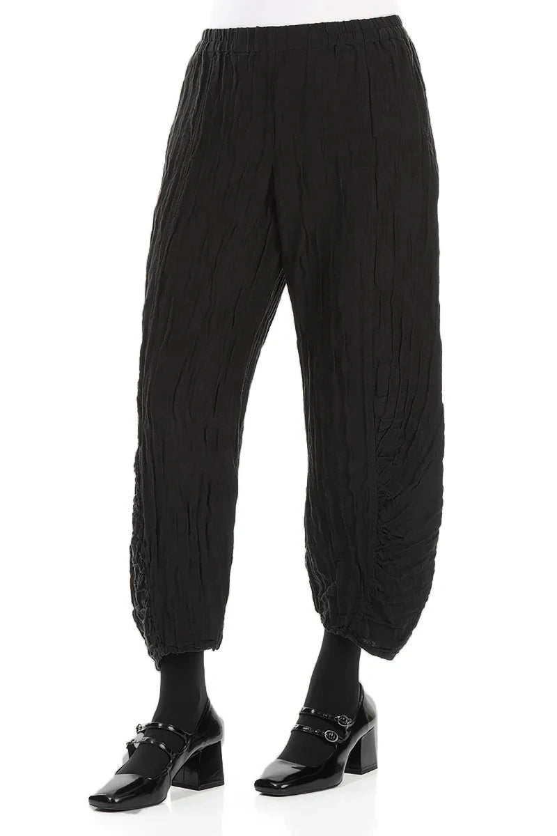Ruched Hem Black Crinkled Silk Linen Trousers 3