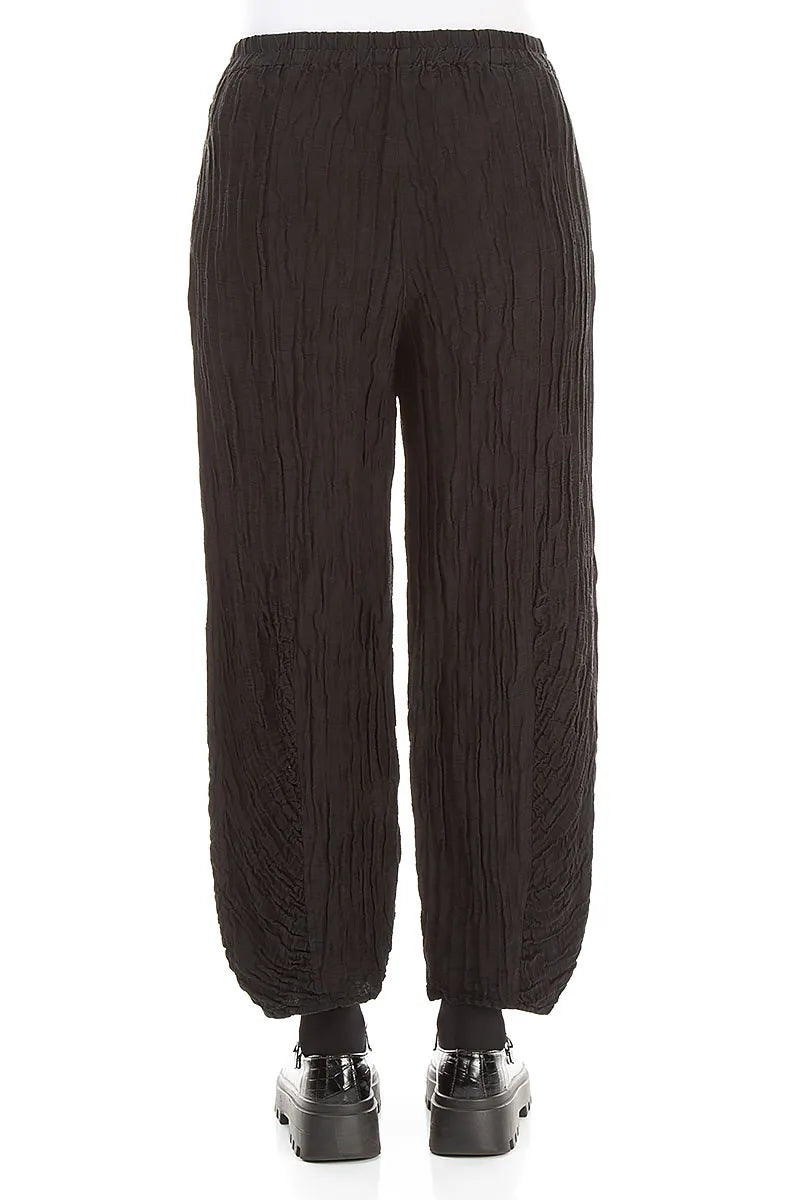 Ruched Hem Black Crinkled Silk Linen Trousers