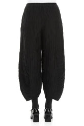 Ruched Hem Black Crinkled Silk Linen Trousers 2