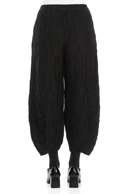 Ruched Hem Black Crinkled Silk Linen Trousers 2