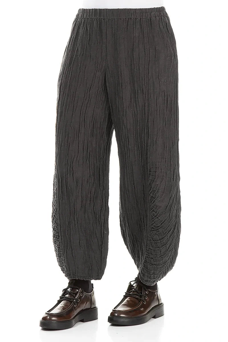 Ruched Hem Charcoal Crinkled Silk Linen Trousers 3