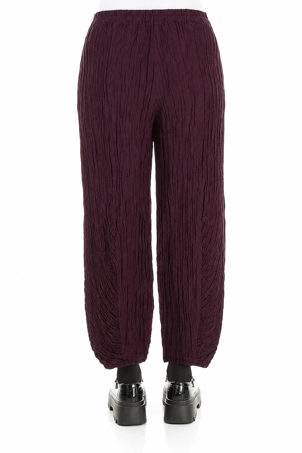 Ruched Hem Deep Plum Crinkled Silk Linen Trousers 2