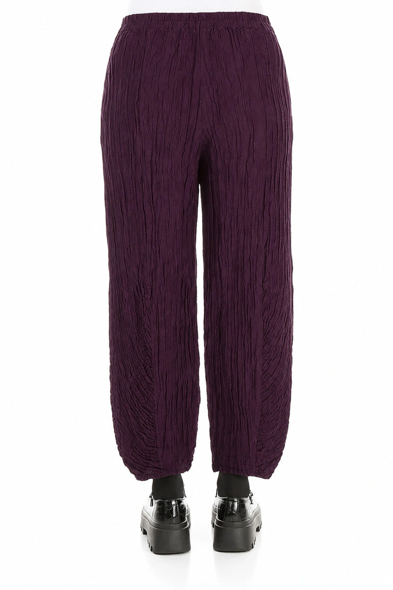 Ruched Hem Deep Plum Crinkled Silk Linen Trousers