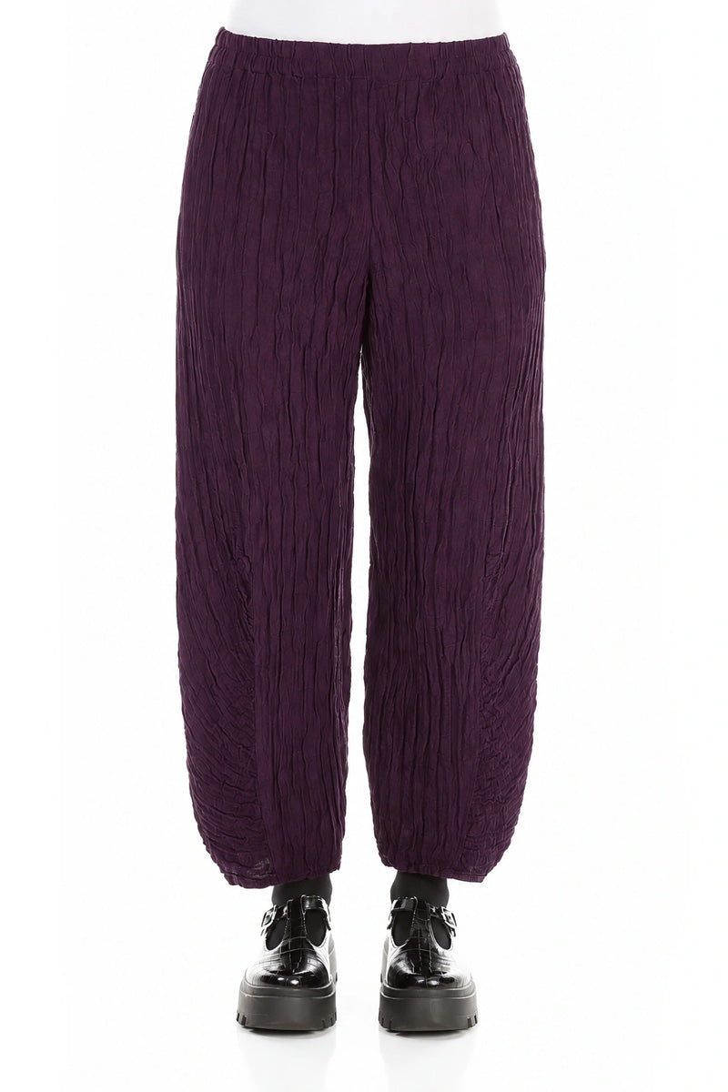 Ruched Hem Deep Plum Crinkled Silk Linen Trousers