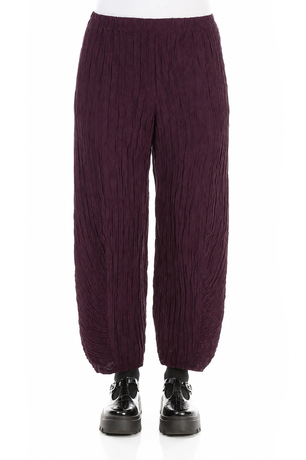 Ruched Hem Deep Plum Crinkled Silk Linen Trousers 1