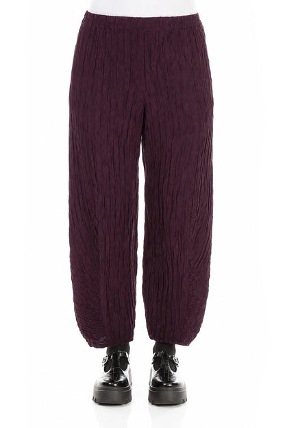 Ruched Hem Deep Plum Crinkled Silk Linen Trousers