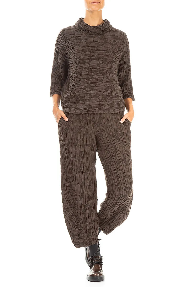 Ruched Hem Forest Brown Circle Silk Linen Trousers 4