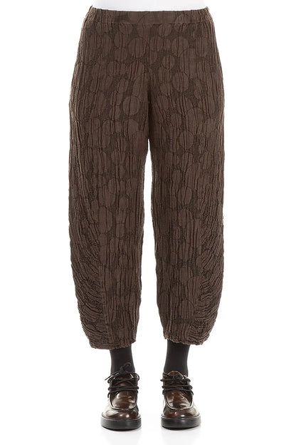 Ruched Hem Forest Brown Circle Silk Linen Trousers 1