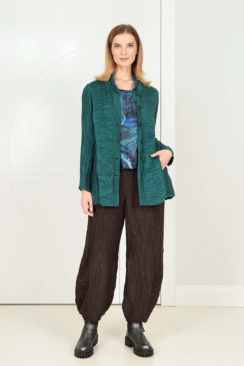 Ruched Hem Forest Brown Crinkled Silk Linen Trousers 7