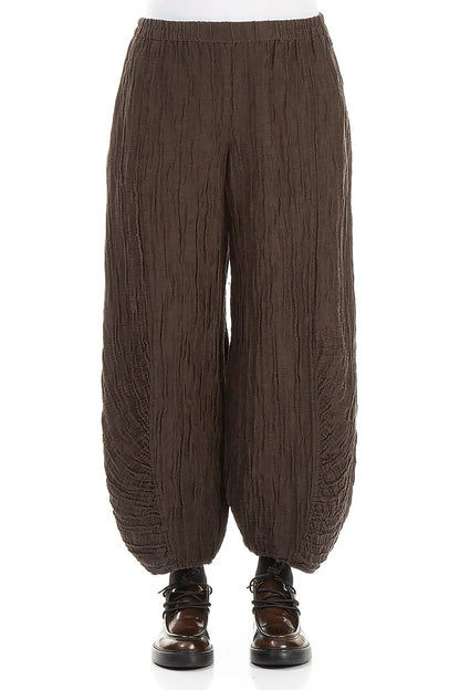 Ruched Hem Forest Brown Crinkled Silk Linen Trousers 2
