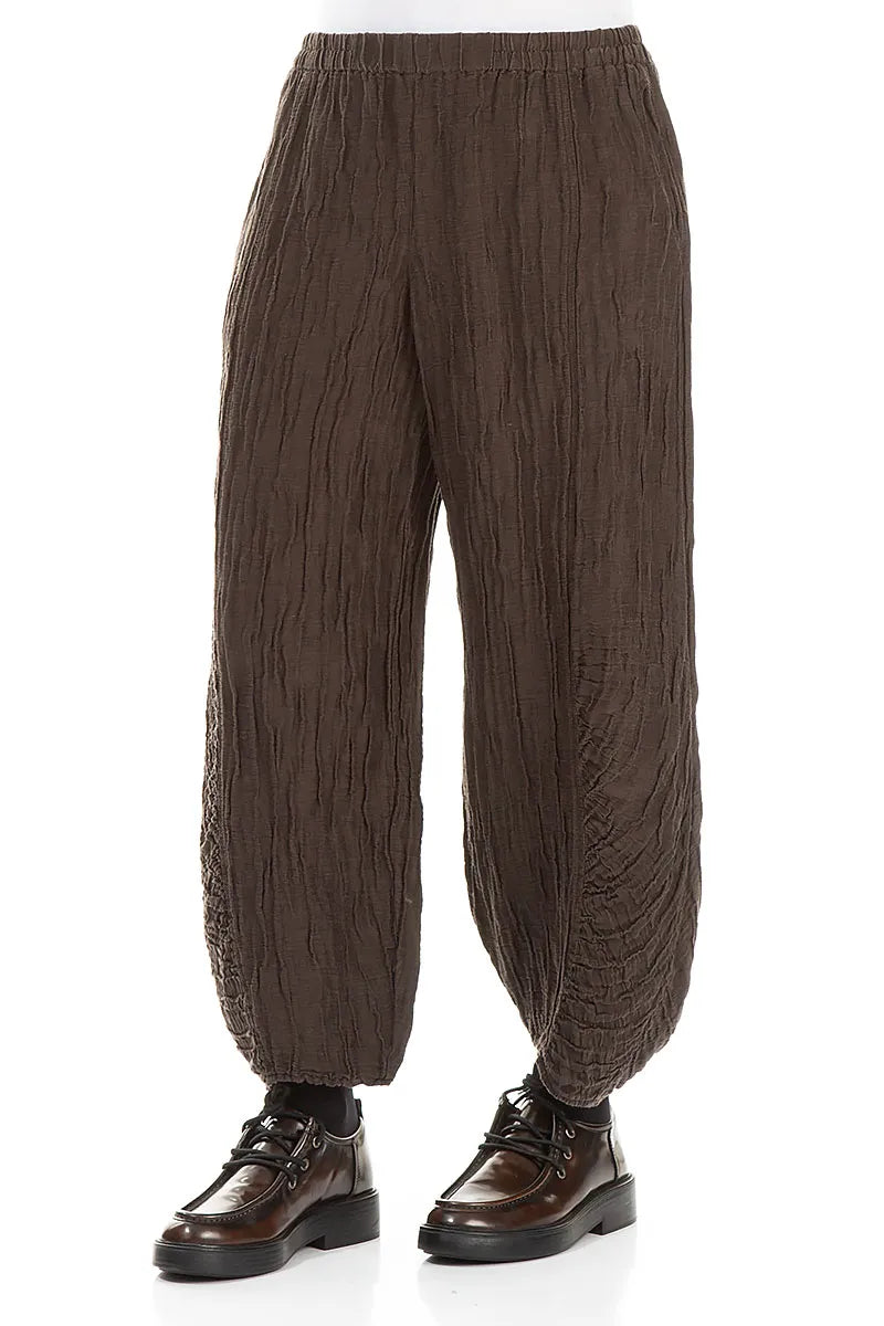 Ruched Hem Forest Brown Crinkled Silk Linen Trousers 4