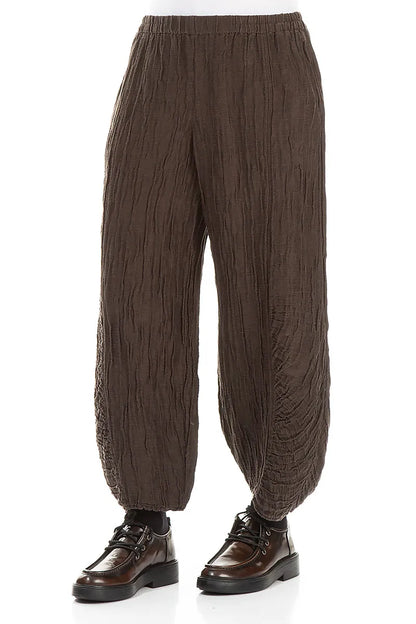 Ruched Hem Forest Brown Crinkled Silk Linen Trousers 4