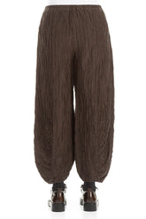 Ruched Hem Forest Brown Crinkled Silk Linen Trousers 3