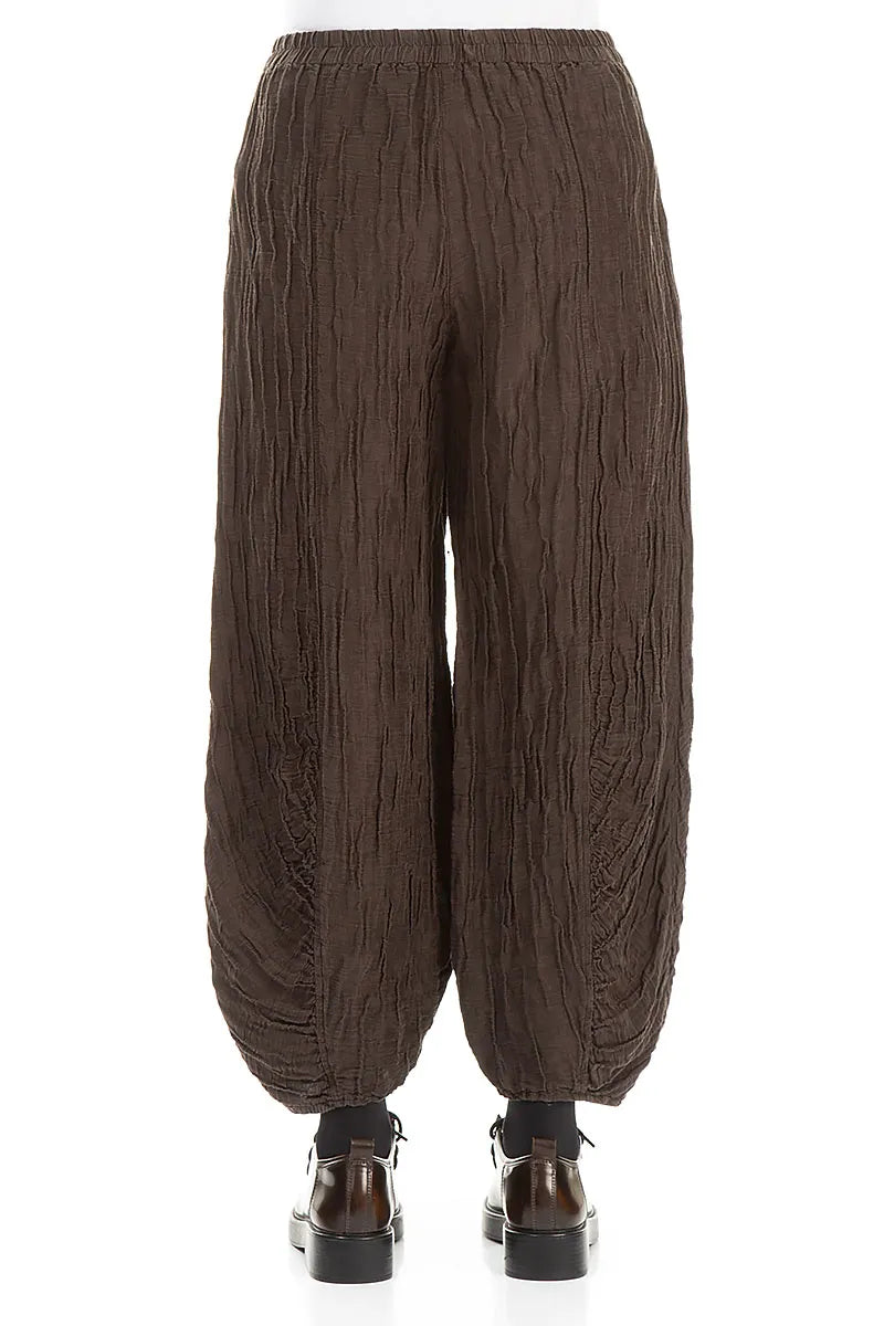 Ruched Hem Forest Brown Crinkled Silk Linen Trousers 3