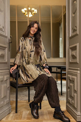 Ruched Hem Forest Brown Crinkled Silk Linen Trousers 1