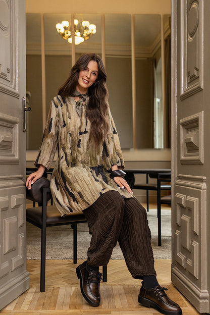 Ruched Hem Forest Brown Crinkled Silk Linen Trousers 1