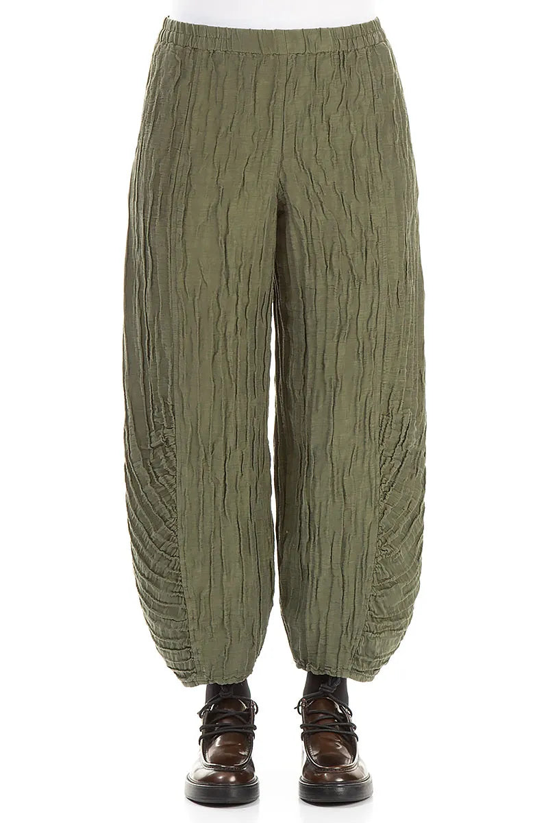 Ruched Hem Forest Mist Crinkled Silk Linen Trousers 1