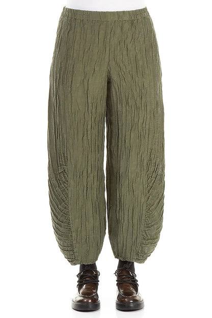 Ruched Hem Forest Mist Crinkled Silk Linen Trousers 1