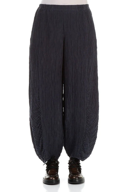 Ruched Hem Graphite Blue Crinkled Silk Linen Trousers 1
