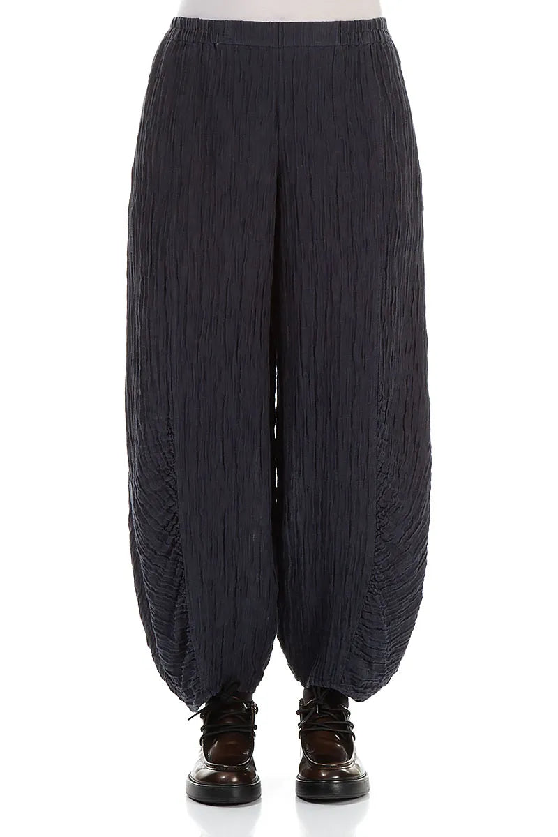 Ruched Hem Graphite Blue Crinkled Silk Linen Trousers 1