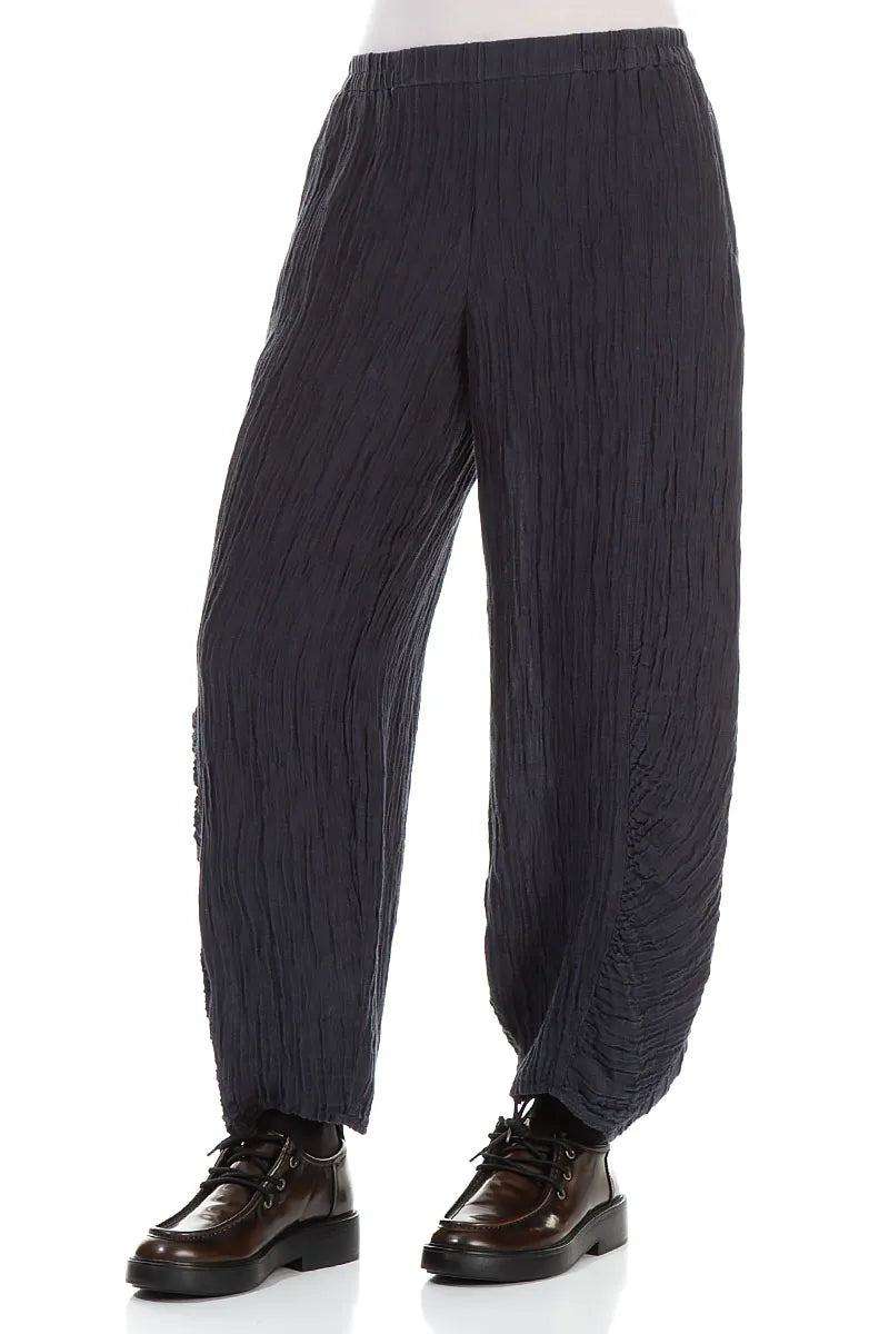 Ruched Hem Graphite Blue Crinkled Silk Linen Trousers 3
