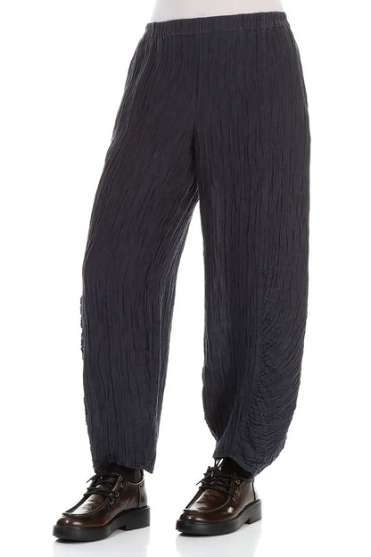 Ruched Hem Graphite Blue Crinkled Silk Linen Trousers 3