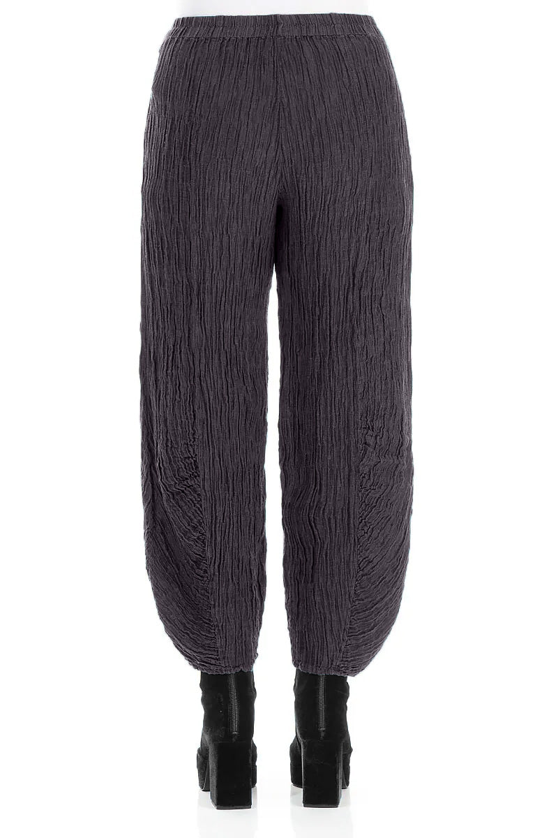 Ruched Hem Graphite Blue Crinkled Silk Trousers