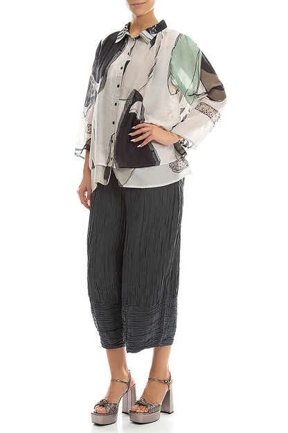 Ruched Hem Graphite Crinkled Silk Linen Trousers
