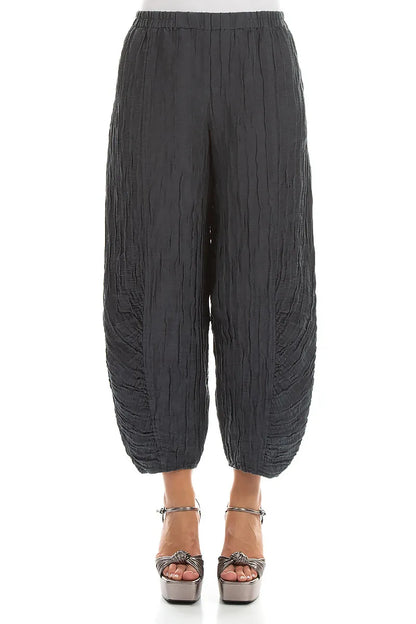 Ruched Hem Graphite Crinkled Silk Linen Trousers