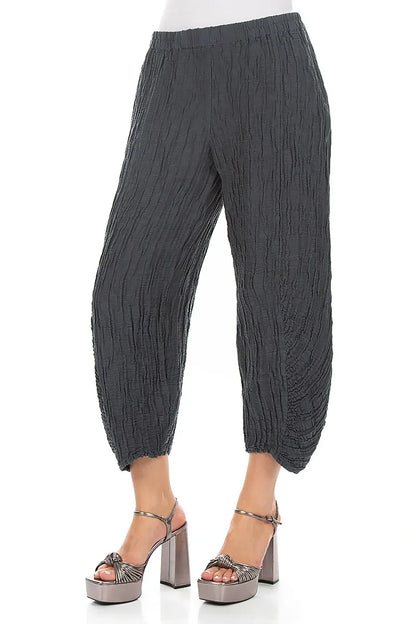 Ruched Hem Graphite Crinkled Silk Linen Trousers 3