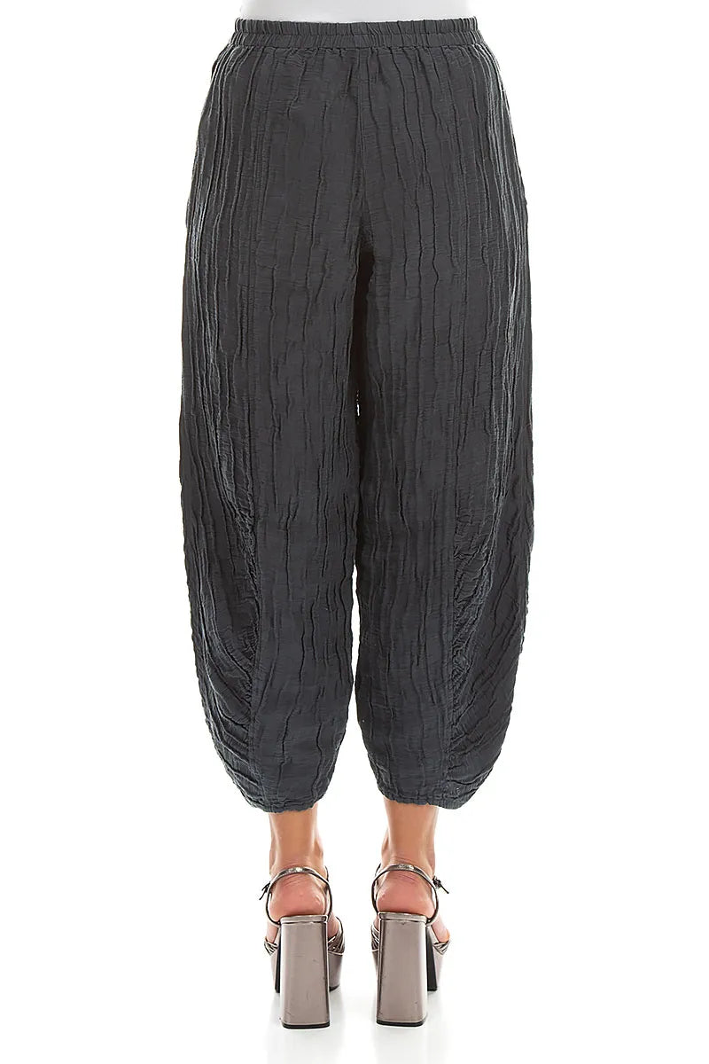 Ruched Hem Graphite Crinkled Silk Linen Trousers