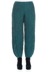 Ruched Hem Peacock Crinkled Silk Trousers 1