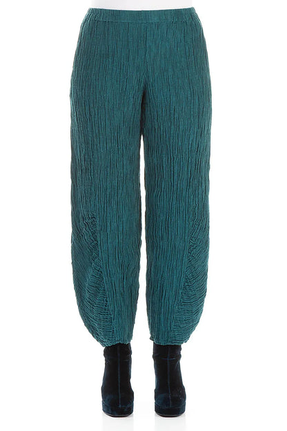 Ruched Hem Peacock Crinkled Silk Trousers 1