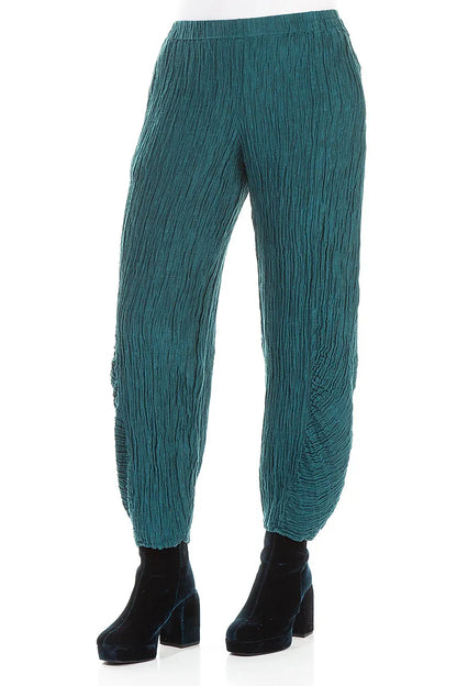 Ruched Hem Peacock Crinkled Silk Trousers 3