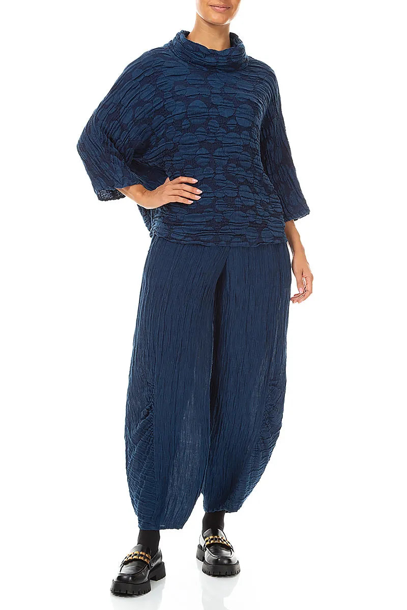 Ruched Hem Royal Blue Crinkled Silk Trousers