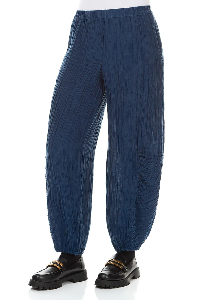 Ruched Hem Royal Blue Crinkled Silk Trousers