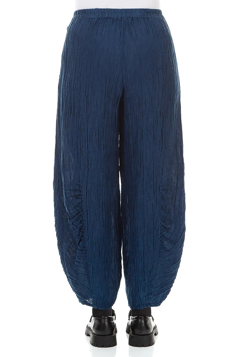 Ruched Hem Royal Blue Crinkled Silk Trousers