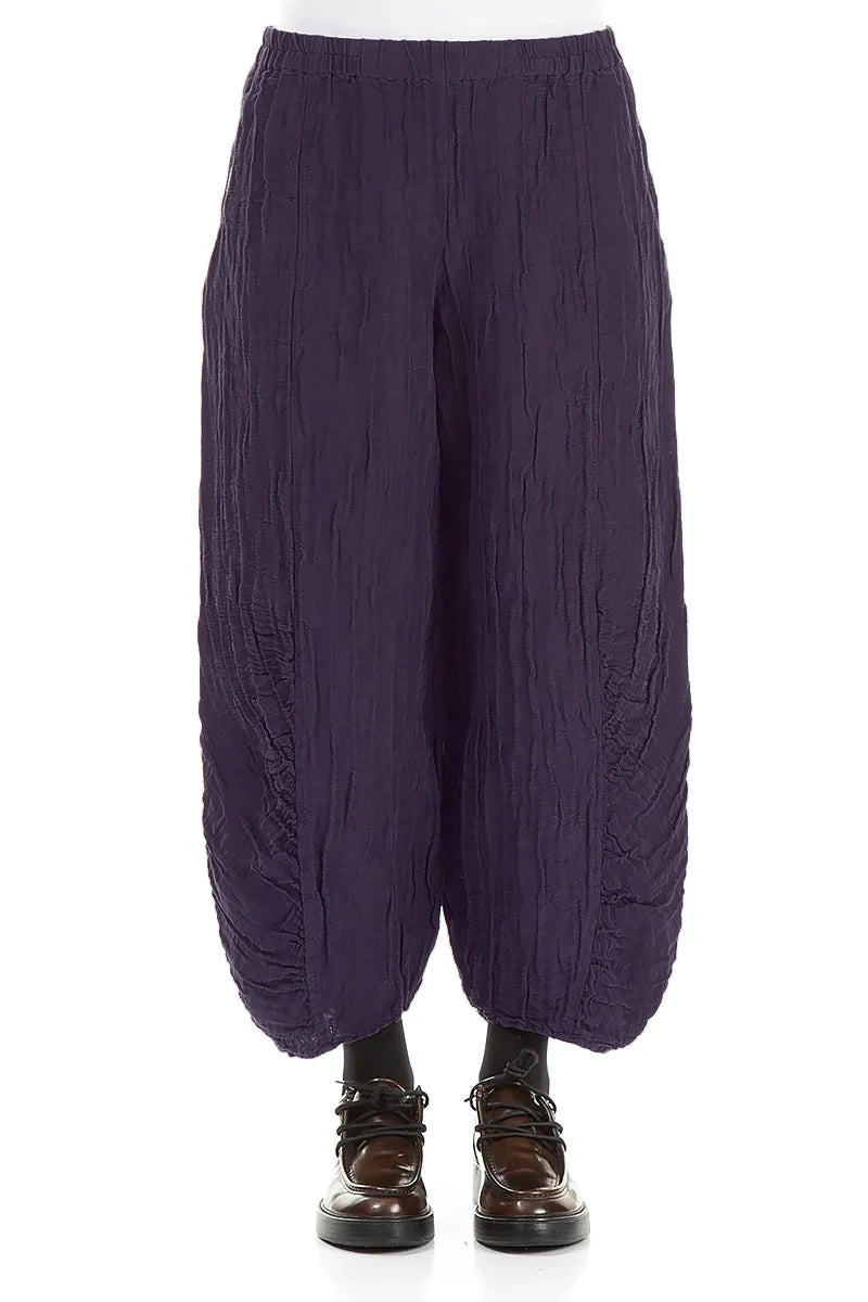 Ruched Hem Royal Purple Crinkled Silk Linen Trousers 1